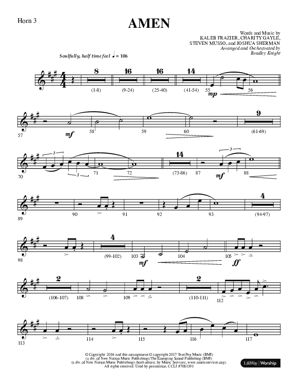 Amen (Choral Anthem SATB) French Horn 3 (Lifeway Choral / Arr. Bradley Knight)