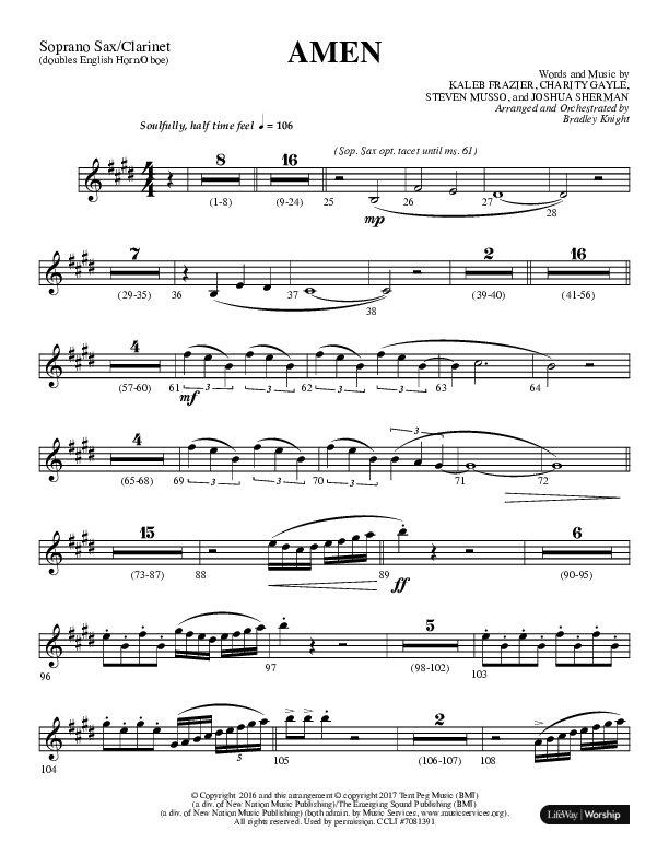 Amen (Choral Anthem SATB) Soprano Sax (Lifeway Choral / Arr. Bradley Knight)