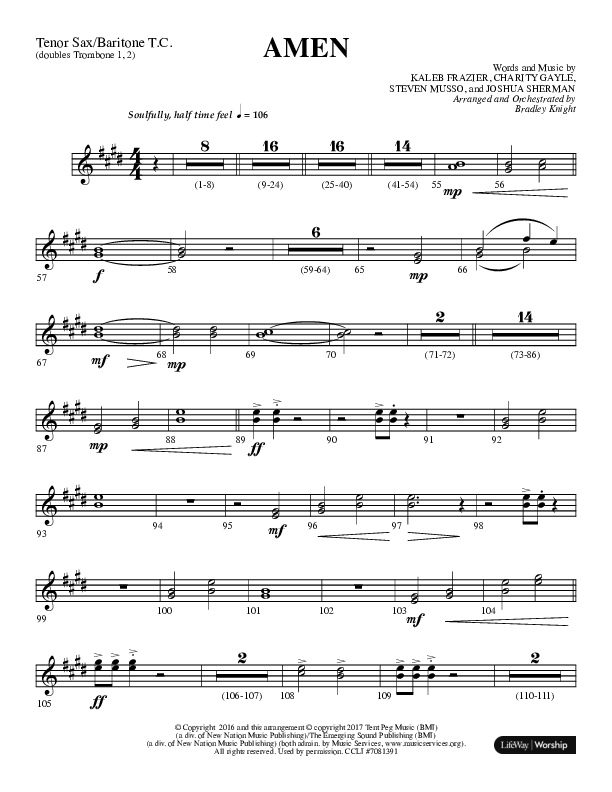 Amen (Choral Anthem SATB) Tenor Sax/Baritone T.C. (Lifeway Choral / Arr. Bradley Knight)