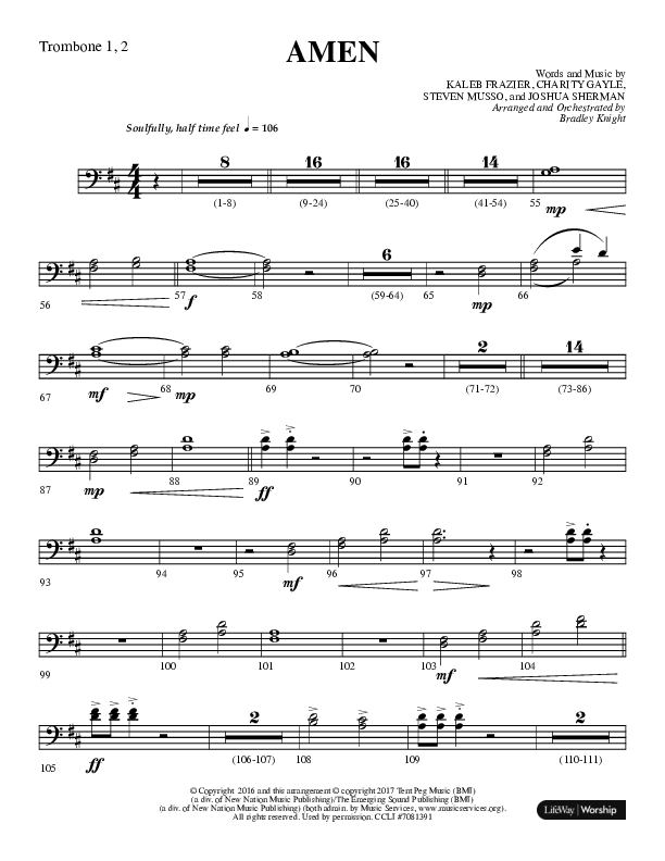 Amen (Choral Anthem SATB) Trombone 1/2 (Lifeway Choral / Arr. Bradley Knight)