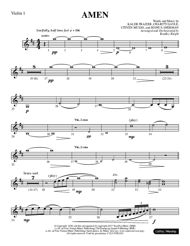 Amen (Choral Anthem SATB) Violin 1 (Lifeway Choral / Arr. Bradley Knight)