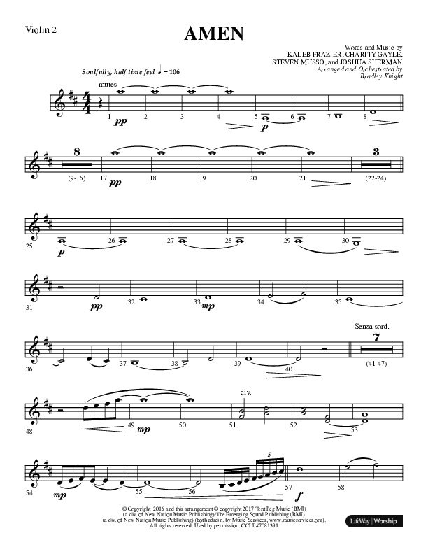 Amen (Choral Anthem SATB) Violin 2 (Lifeway Choral / Arr. Bradley Knight)