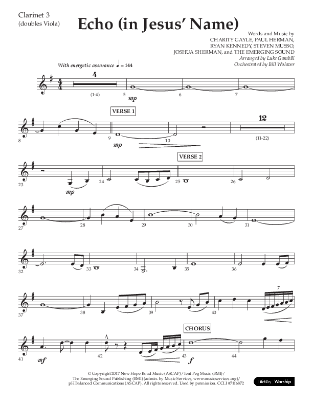 Echo (In Jesus Name) (Choral Anthem SATB) Clarinet 3 (Lifeway Choral / Arr. Luke Gambill / Arr. Bill Wolaver)