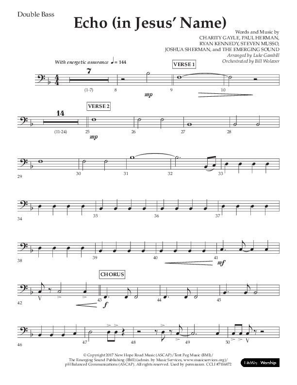 Echo (In Jesus Name) (Choral Anthem SATB) Double Bass (Lifeway Choral / Arr. Luke Gambill / Arr. Bill Wolaver)
