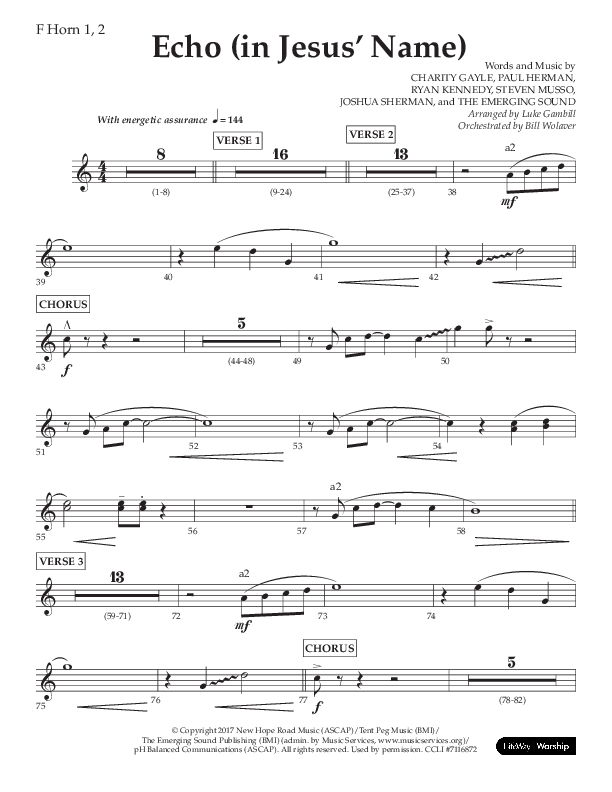 Echo (In Jesus Name) (Choral Anthem SATB) French Horn 1/2 (Lifeway Choral / Arr. Luke Gambill / Arr. Bill Wolaver)