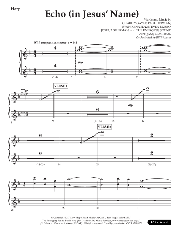 Echo (In Jesus Name) (Choral Anthem SATB) Harp (Lifeway Choral / Arr. Luke Gambill / Arr. Bill Wolaver)