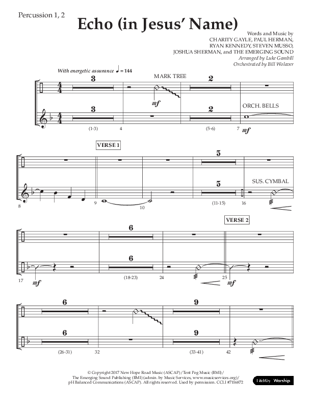 Echo (In Jesus Name) (Choral Anthem SATB) Percussion 1/2 (Lifeway Choral / Arr. Luke Gambill / Arr. Bill Wolaver)