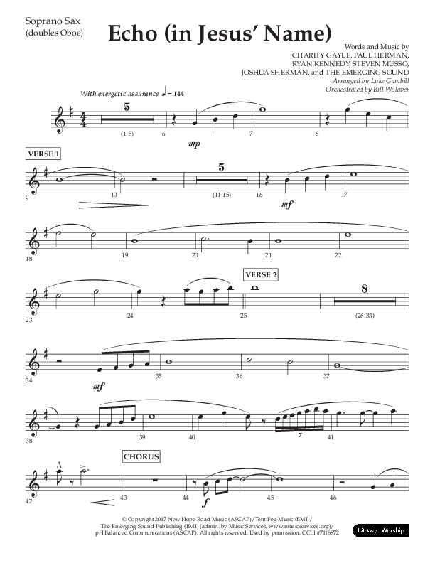 Echo (In Jesus Name) (Choral Anthem SATB) Soprano Sax (Lifeway Choral / Arr. Luke Gambill / Arr. Bill Wolaver)