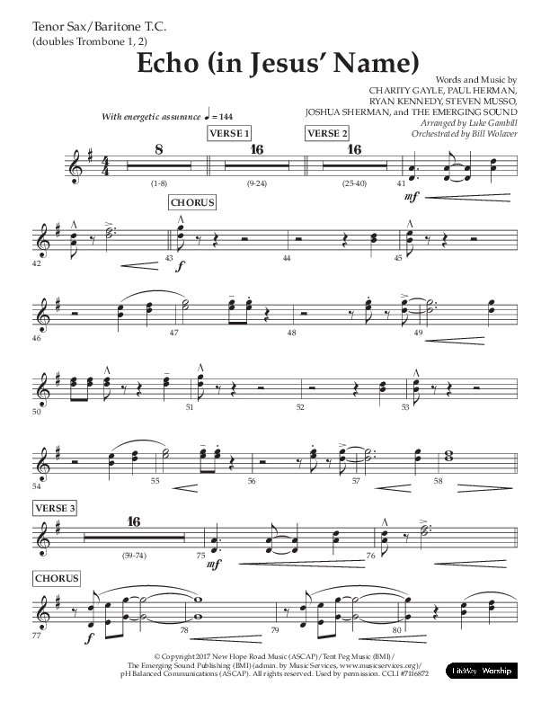Echo (In Jesus Name) (Choral Anthem SATB) Tenor Sax/Baritone T.C. (Lifeway Choral / Arr. Luke Gambill / Arr. Bill Wolaver)