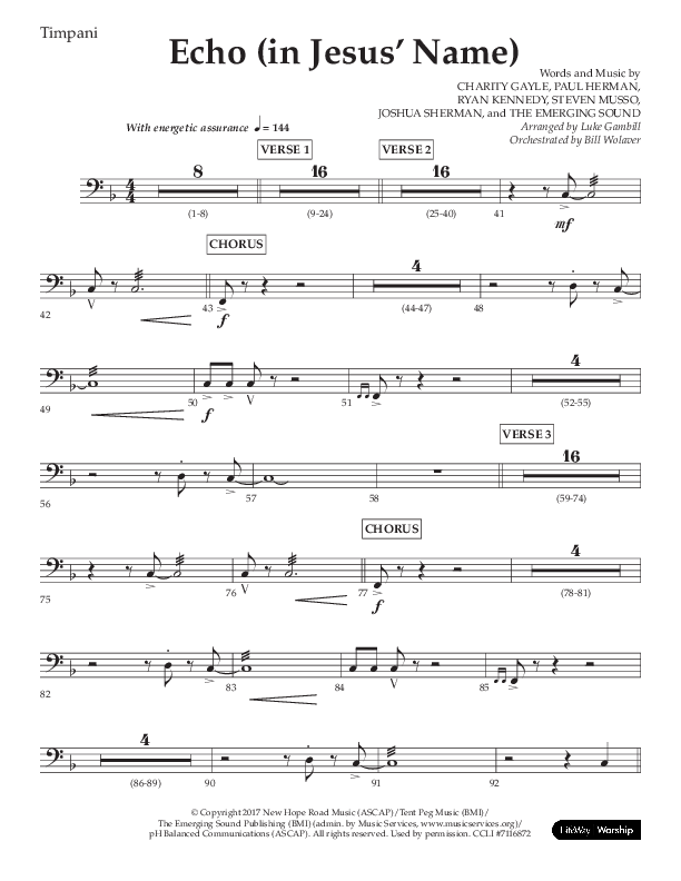 Echo (In Jesus Name) (Choral Anthem SATB) Timpani (Lifeway Choral / Arr. Luke Gambill / Arr. Bill Wolaver)
