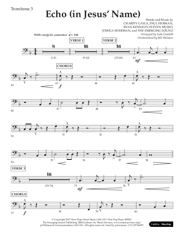 Echo (In Jesus Name) (Choral Anthem SATB) Trombone 3 (Lifeway Choral / Arr. Luke Gambill / Arr. Bill Wolaver)