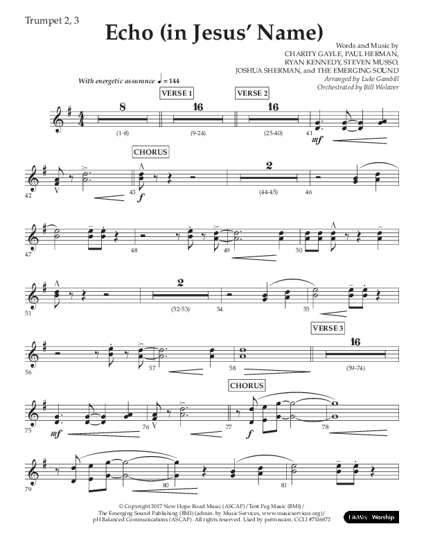 Echo (In Jesus Name) (Choral Anthem SATB) Trumpet 2/3 (Lifeway Choral / Arr. Luke Gambill / Arr. Bill Wolaver)