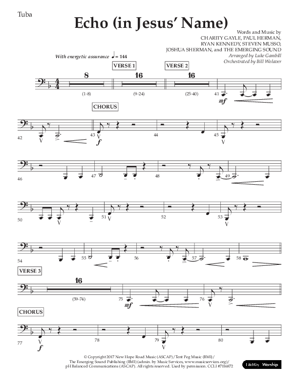 Echo (In Jesus Name) (Choral Anthem SATB) Tuba (Lifeway Choral / Arr. Luke Gambill / Arr. Bill Wolaver)