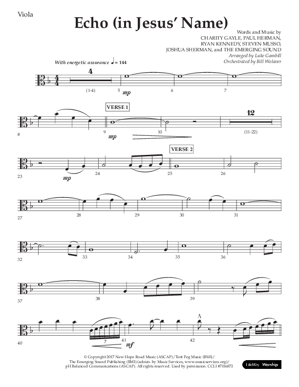 Echo (In Jesus Name) (Choral Anthem SATB) Viola (Lifeway Choral / Arr. Luke Gambill / Arr. Bill Wolaver)