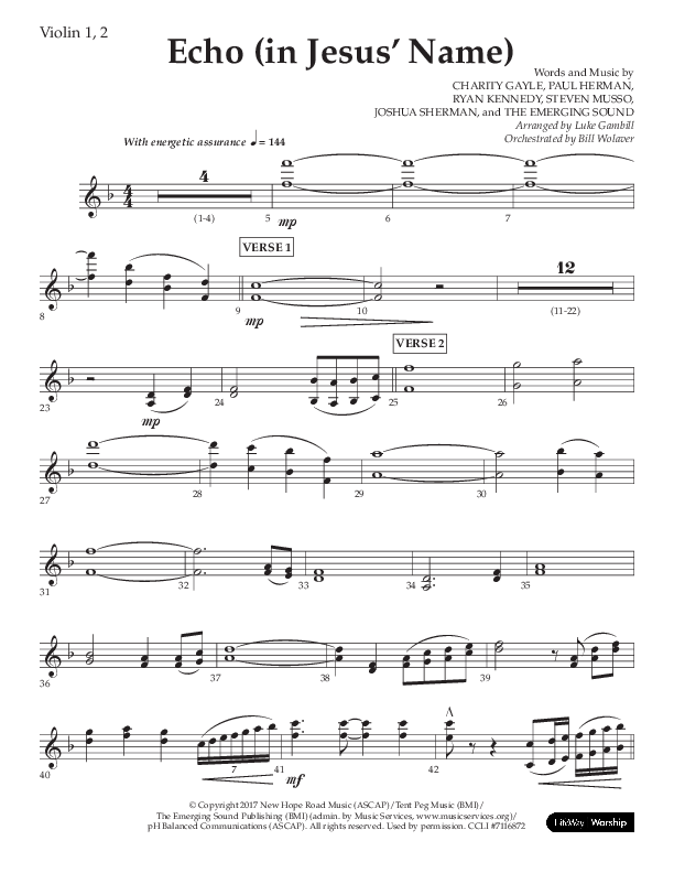 Echo (In Jesus Name) (Choral Anthem SATB) Violin 1/2 (Lifeway Choral / Arr. Luke Gambill / Arr. Bill Wolaver)