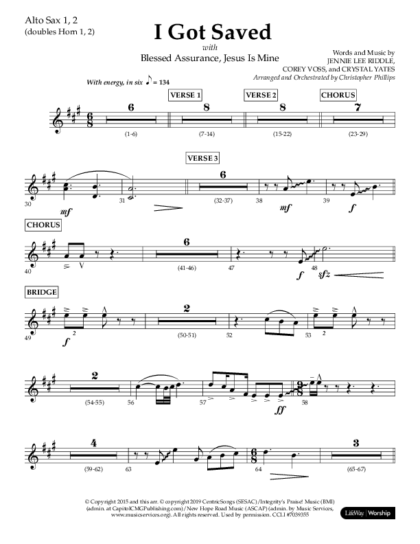 I Got Saved with Blessed Assurance Jesus Is Mine (Choral Anthem SATB) Alto Sax 1/2 (Lifeway Choral / Arr. Christopher Phillips)