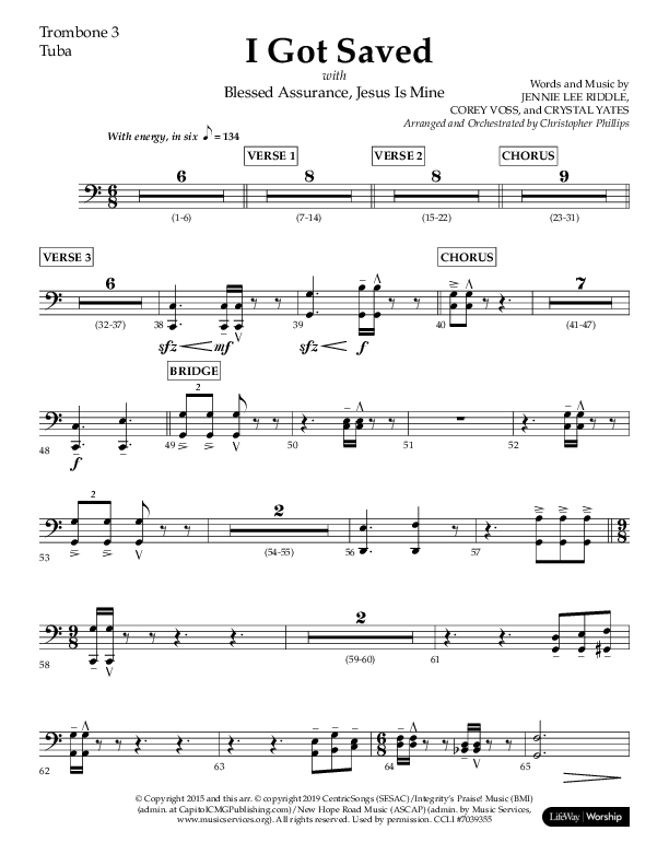 I Got Saved with Blessed Assurance Jesus Is Mine (Choral Anthem SATB) Trombone 3/Tuba (Lifeway Choral / Arr. Christopher Phillips)
