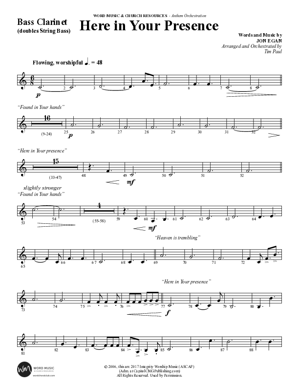 Here In Your Presence (Choral Anthem SATB) Bass Clarinet (Word Music Choral / Arr. Tim Paul)