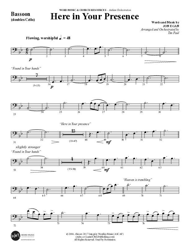 Here In Your Presence (Choral Anthem SATB) Bassoon (Word Music Choral / Arr. Tim Paul)