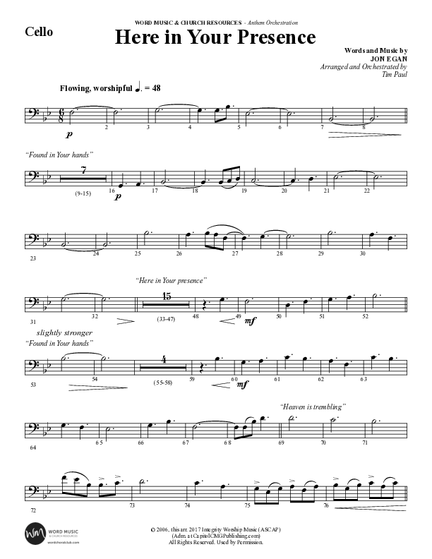 Here In Your Presence (Choral Anthem SATB) Cello (Word Music Choral / Arr. Tim Paul)