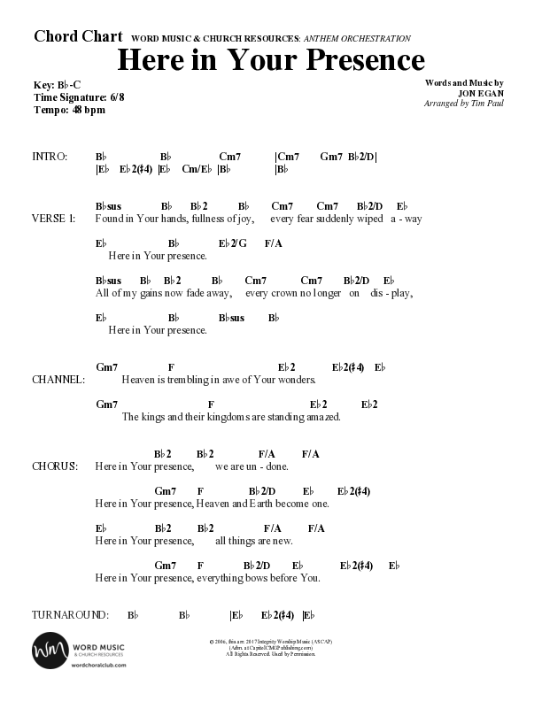 Here In Your Presence (Choral Anthem SATB) Chord Chart (Word Music Choral / Arr. Tim Paul)