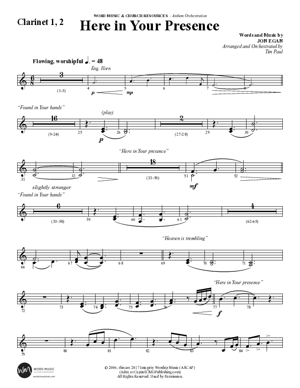 Here In Your Presence (Choral Anthem SATB) Clarinet 1/2 (Word Music Choral / Arr. Tim Paul)