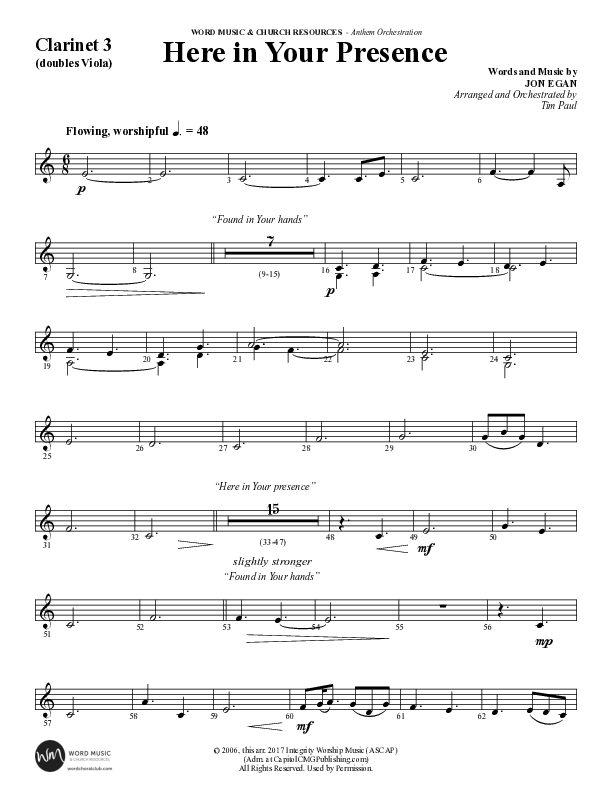 Here In Your Presence (Choral Anthem SATB) Clarinet 3 (Word Music Choral / Arr. Tim Paul)