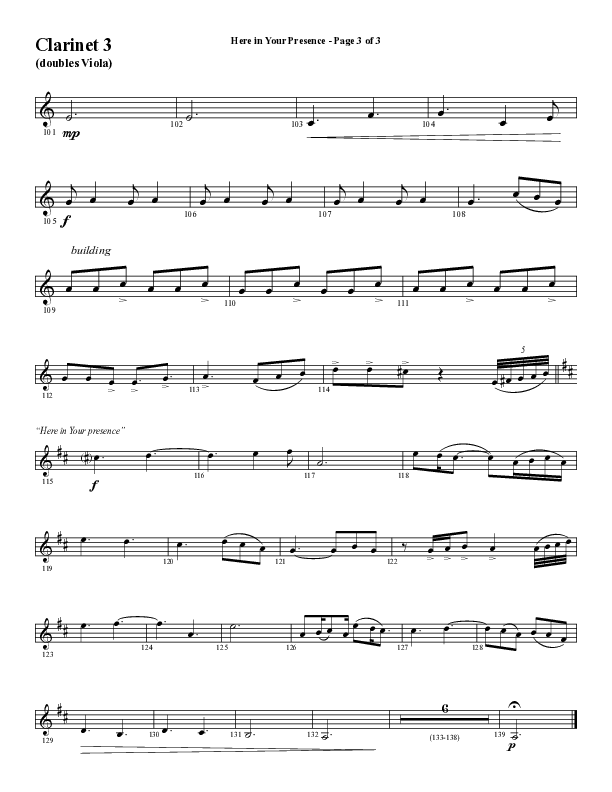 Here In Your Presence (Choral Anthem SATB) Clarinet 3 (Word Music Choral / Arr. Tim Paul)
