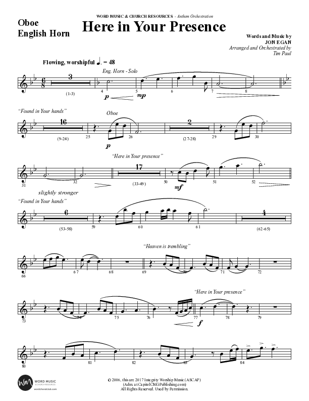 Here In Your Presence (Choral Anthem SATB) Oboe (Word Music Choral / Arr. Tim Paul)