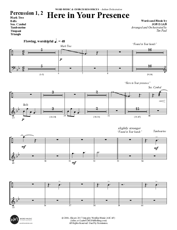Here In Your Presence (Choral Anthem SATB) Percussion 1/2 (Word Music Choral / Arr. Tim Paul)