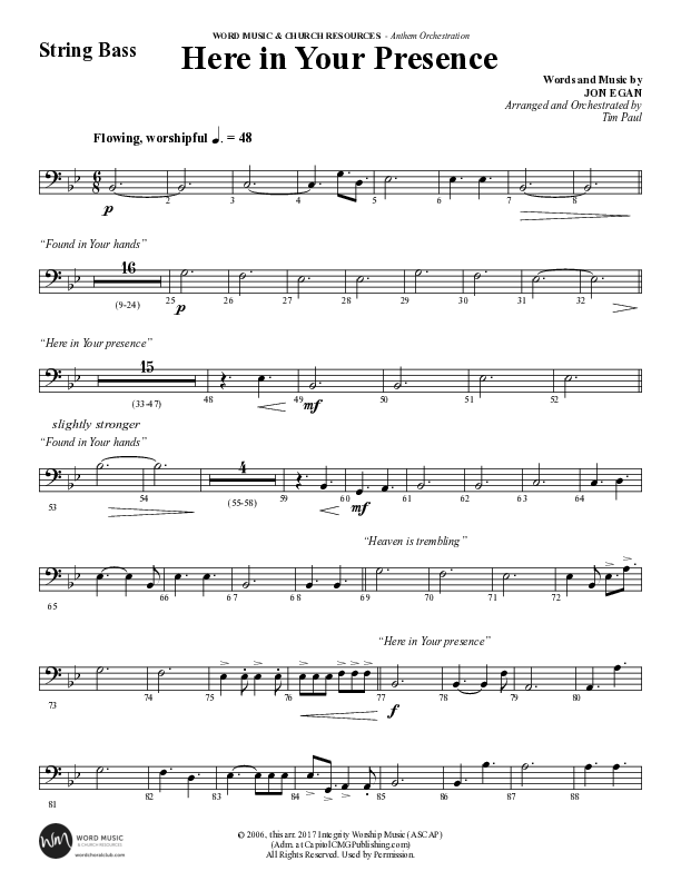 Here In Your Presence (Choral Anthem SATB) String Bass (Word Music Choral / Arr. Tim Paul)