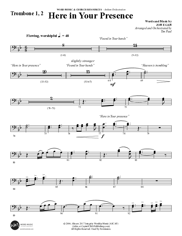 Here In Your Presence (Choral Anthem SATB) Trombone 1/2 (Word Music Choral / Arr. Tim Paul)