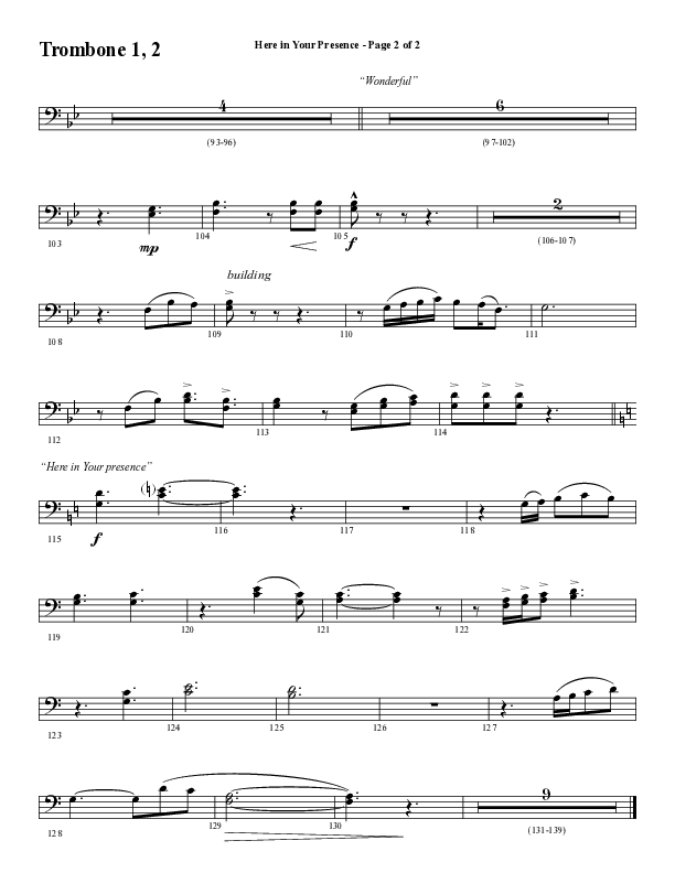Here In Your Presence (Choral Anthem SATB) Trombone 1/2 (Word Music Choral / Arr. Tim Paul)