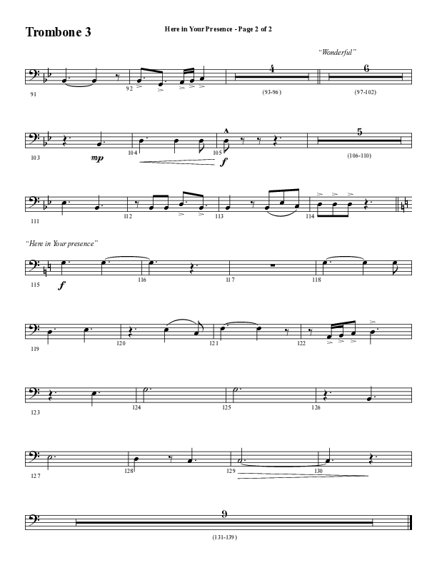 Here In Your Presence (Choral Anthem SATB) Trombone 3 (Word Music Choral / Arr. Tim Paul)