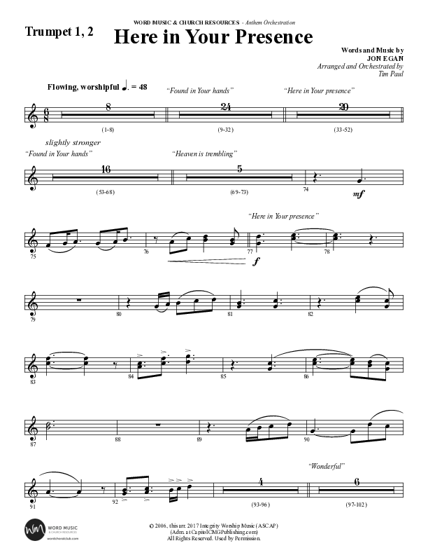 Here In Your Presence (Choral Anthem SATB) Trumpet 1,2 (Word Music Choral / Arr. Tim Paul)