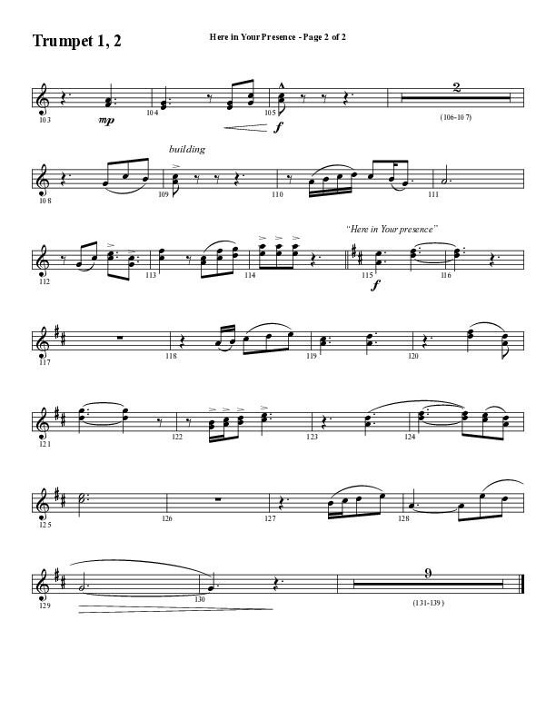 Here In Your Presence (Choral Anthem SATB) Trumpet 1,2 (Word Music Choral / Arr. Tim Paul)