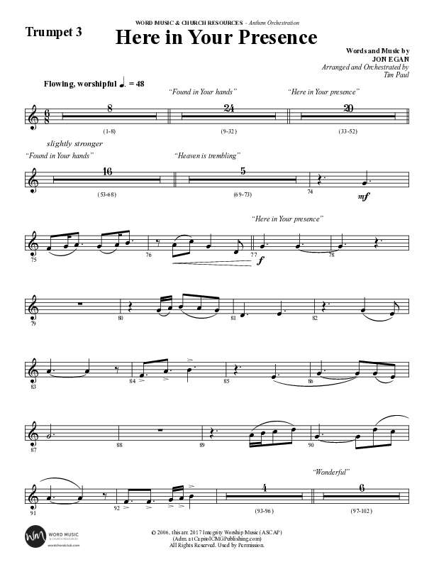 Here In Your Presence (Choral Anthem SATB) Trumpet 3 (Word Music Choral / Arr. Tim Paul)
