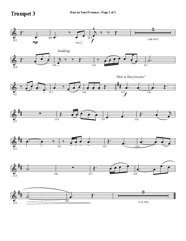 Here In Your Presence (Choral Anthem SATB) Trumpet 3 (Word Music Choral / Arr. Tim Paul)