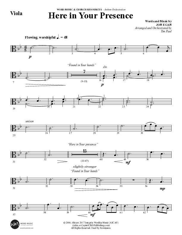 Here In Your Presence (Choral Anthem SATB) Viola (Word Music Choral / Arr. Tim Paul)