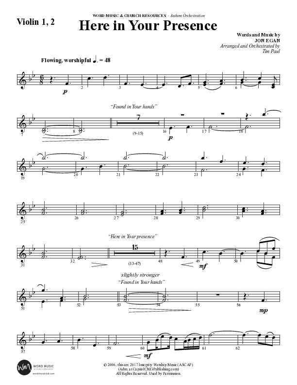 Here In Your Presence (Choral Anthem SATB) Violin 1/2 (Word Music Choral / Arr. Tim Paul)