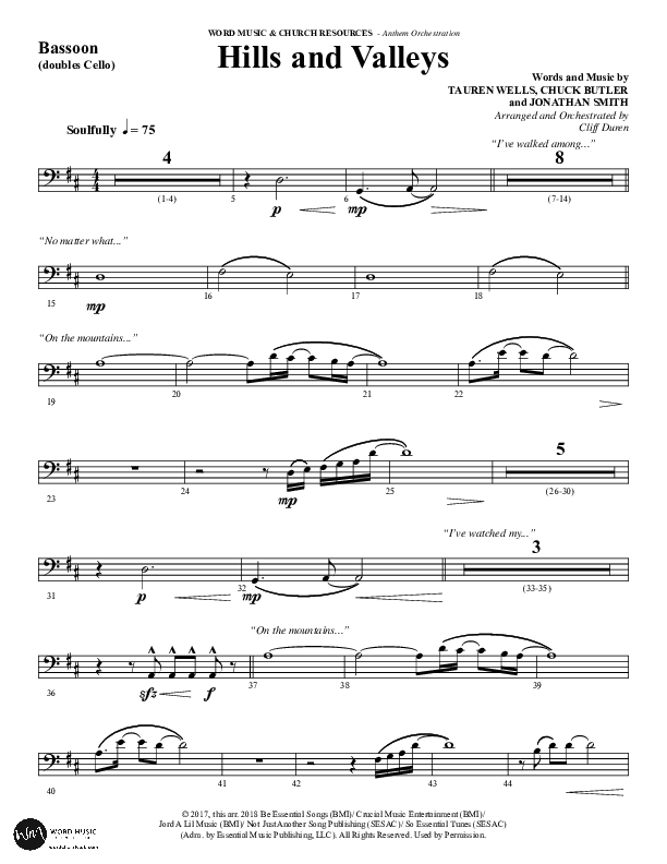 Hills And Valleys (Choral Anthem SATB) Bassoon (Word Music Choral / Arr. Cliff Duren)
