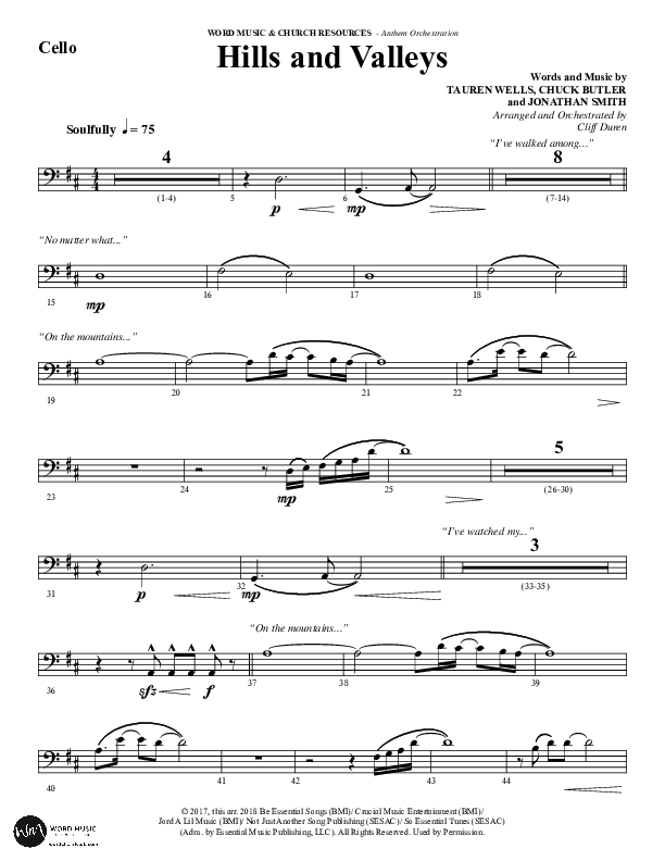 Hills And Valleys (Choral Anthem SATB) Cello (Word Music Choral / Arr. Cliff Duren)