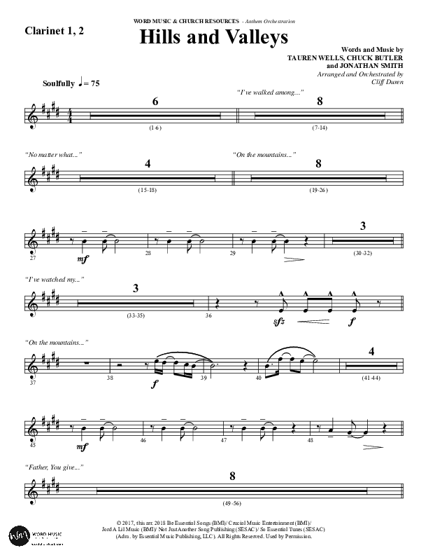 Hills And Valleys (Choral Anthem SATB) Clarinet 1/2 (Word Music Choral / Arr. Cliff Duren)