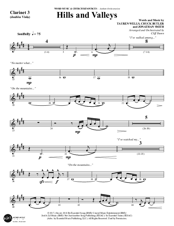 Hills And Valleys (Choral Anthem SATB) Clarinet 3 (Word Music Choral / Arr. Cliff Duren)