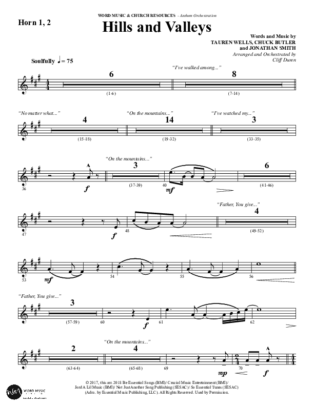 Hills And Valleys (Choral Anthem SATB) French Horn 1/2 (Word Music Choral / Arr. Cliff Duren)