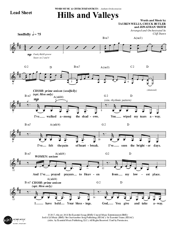 Hills And Valleys (Choral Anthem SATB) Lead Sheet (Melody) (Word Music Choral / Arr. Cliff Duren)