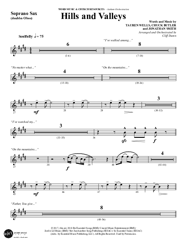 Hills And Valleys (Choral Anthem SATB) Soprano Sax (Word Music Choral / Arr. Cliff Duren)