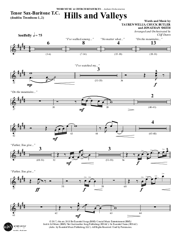 Hills And Valleys (Choral Anthem SATB) Tenor Sax/Baritone T.C. (Word Music Choral / Arr. Cliff Duren)