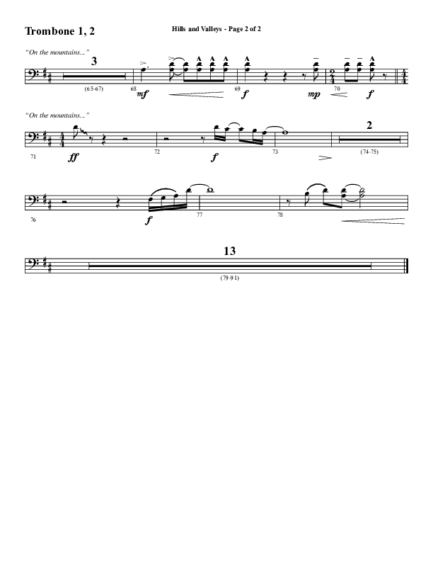 Hills And Valleys (Choral Anthem SATB) Trombone 1/2 (Word Music Choral / Arr. Cliff Duren)