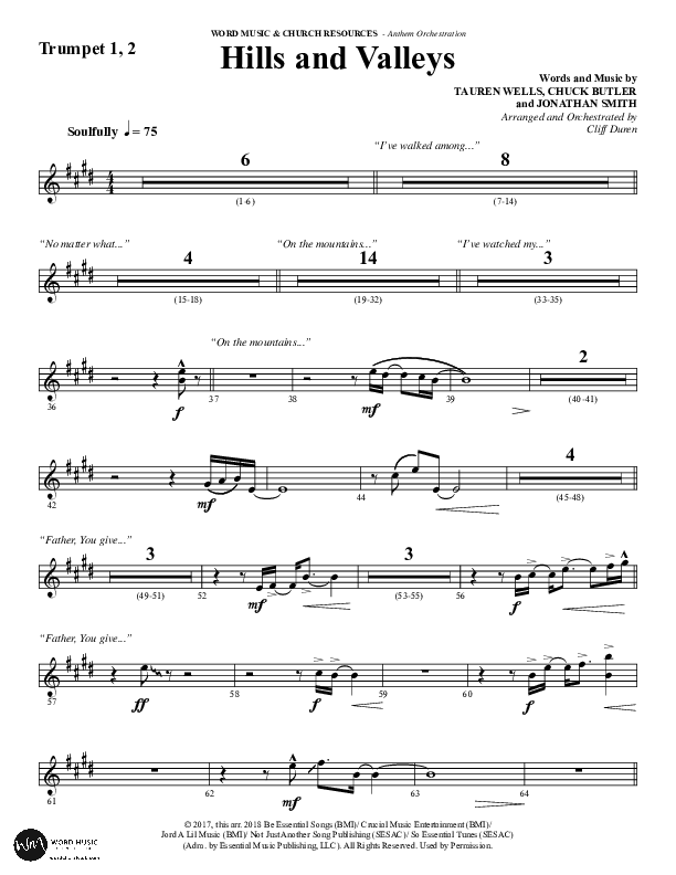 Hills And Valleys (Choral Anthem SATB) Trumpet 1,2 (Word Music Choral / Arr. Cliff Duren)